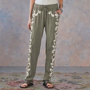 Sundance Tabia Olive Floral Embroidered Drawstring Waist Pants Size Large